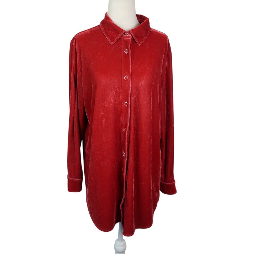 Soft Surroundings Red Velvet Button-Down Tunic Top M
